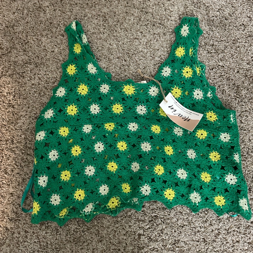 NWT Green Floral Crochet Top